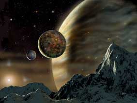 The image shows an impression by David A. Hardy of the possible scene from a moon orbiting the extra-solar planet in orbit around the star HD70642.