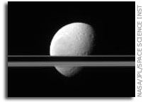 Rhea Behind Saturn's Rings