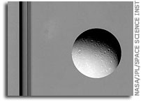 Dione and Saturn's Rings (close-up)