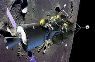Crew Exploration Vehicle with solar arrays deployed, docked to lunar lander