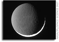 Rhea Bathed in Saturn's Glow and Sunlight
