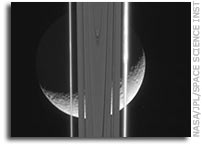 Rhea Behind Saturn's Rings