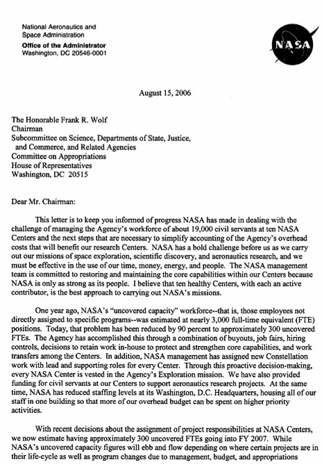 letter from nasa administrator griffin to rep wolf regarding jet letter of recommendation