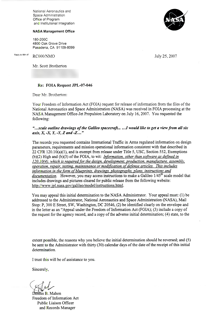 foia request nasa blocks release of galileo jovian spacecraft drawings on itar grounds spaceref your foia request nasa blocks release of galileo jovian spacecraft drawings on itar grounds spaceref your