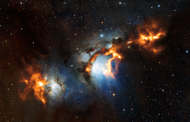 Fractal dust pearl strings form stars around reflection nebula Messier 78